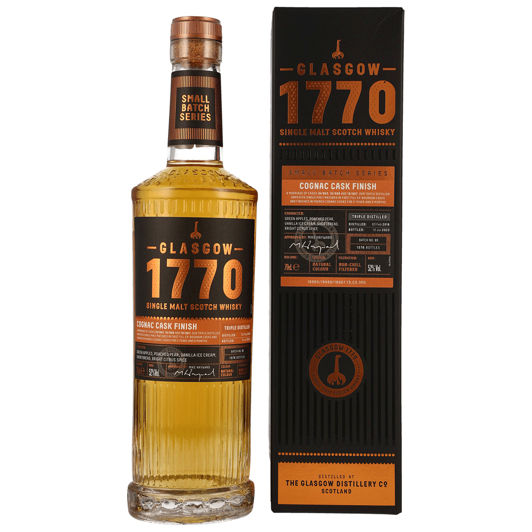 Glasgow 1770 - 2018/2023 - 5 Jahre - Triple Distilled Cognac Cask Finish - Fassnummer 18/965, 18/966+18/967