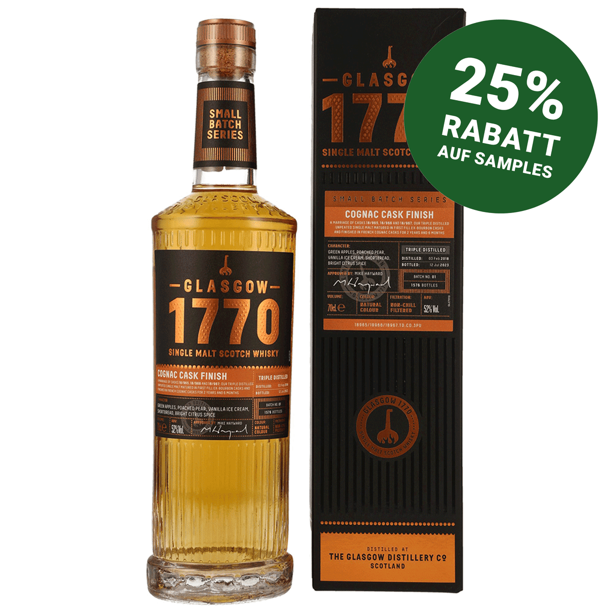 Glasgow 1770 - 2018/2023 - 5 Jahre - Triple Distilled Cognac Cask Finish - Fassnummer 18/965, 18/966+18/967