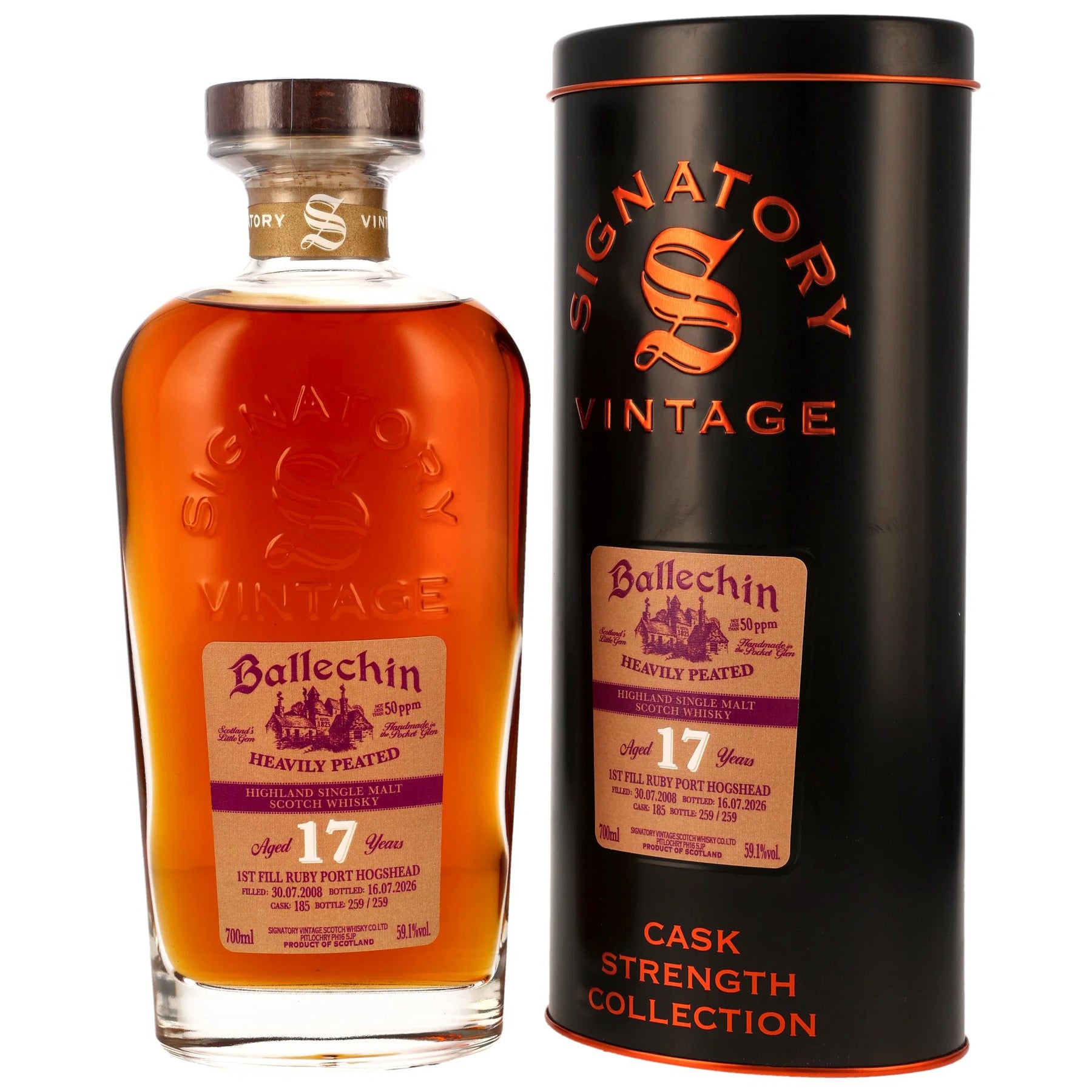 Ballechin 2008/2026 - 17 Jahre - 1st Fill Ruby Port Cask - Fassnummer 185 - Cask Strength Collection - Signatory Vintage
