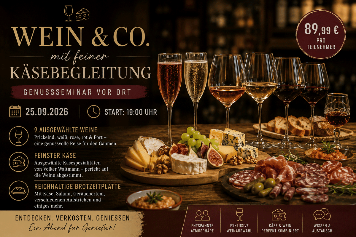 Wein & Co. mit feiner Käsebegleitung - vor Ort Seminar am 25.09.2026