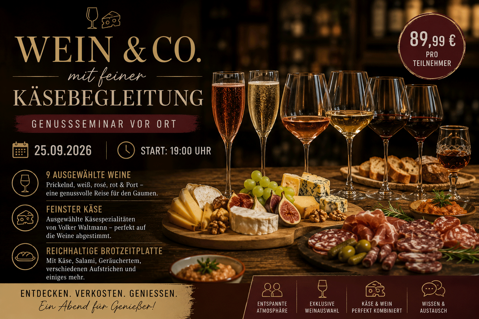 Wein & Co. mit feiner Käsebegleitung - vor Ort Seminar am 25.09.2026